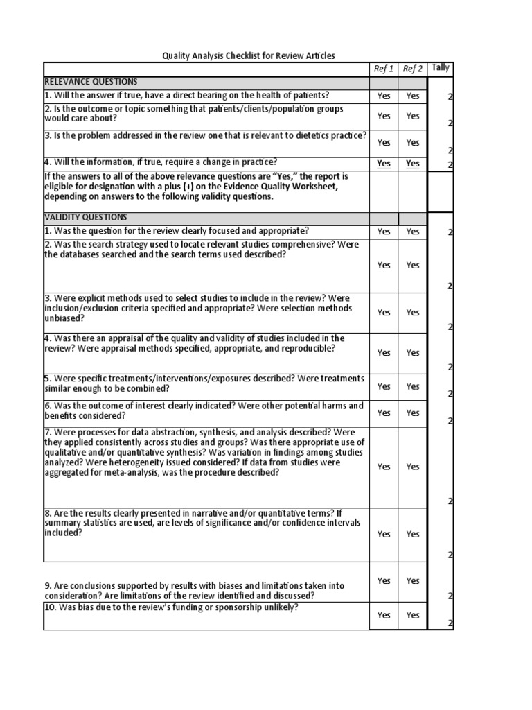Quality Checklist for Review Articles | PDF | Cognition | Methodology