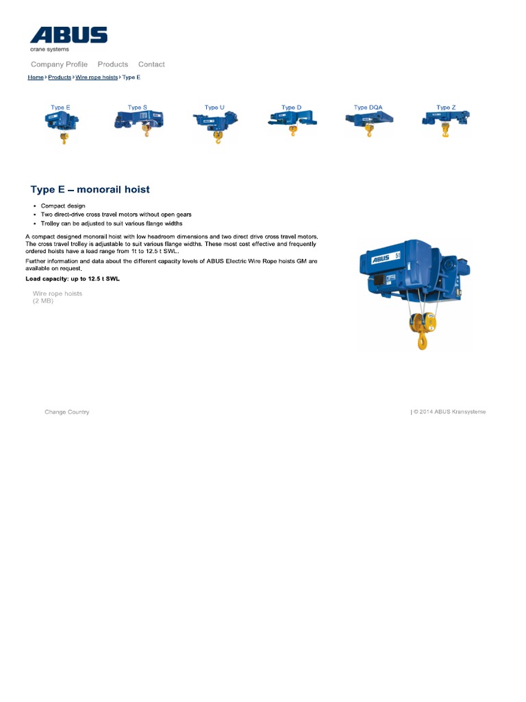 ABUS Wire Rope Hoists - Type E - Monorail Hoist | PDF