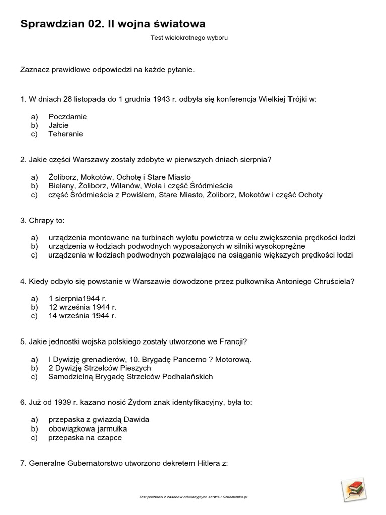 Rynki Finansowe Test Wielokrotnego Wyboru Sprawdzian 02. II Wojna Światowa: Test Wielokrotnego Wyboru | PDF