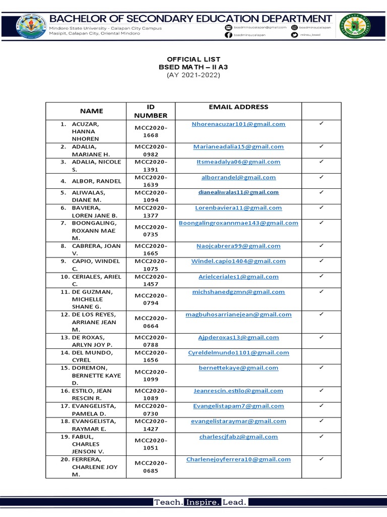 II A3 Bsed Math Official List Ay 2021 2022 | PDF