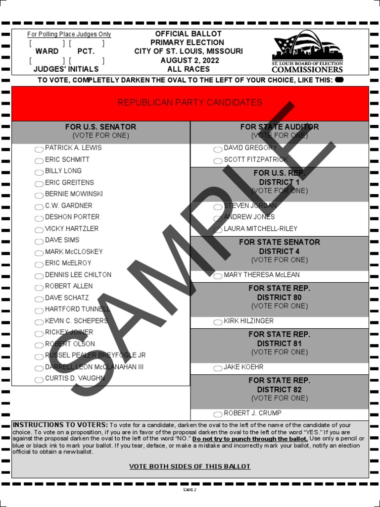 Aug. 2 Primary ST Louis City Sample Ballot PDF Polling Place