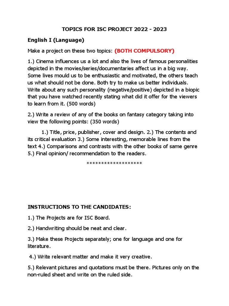 Topics For Isc Project 2022 - 2023 English I (Language) : (Both ...