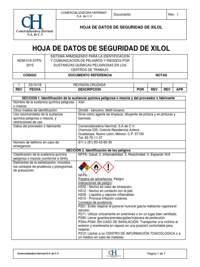 Hoja de Seguridad del Xilol | PDF | Agua | Residuos