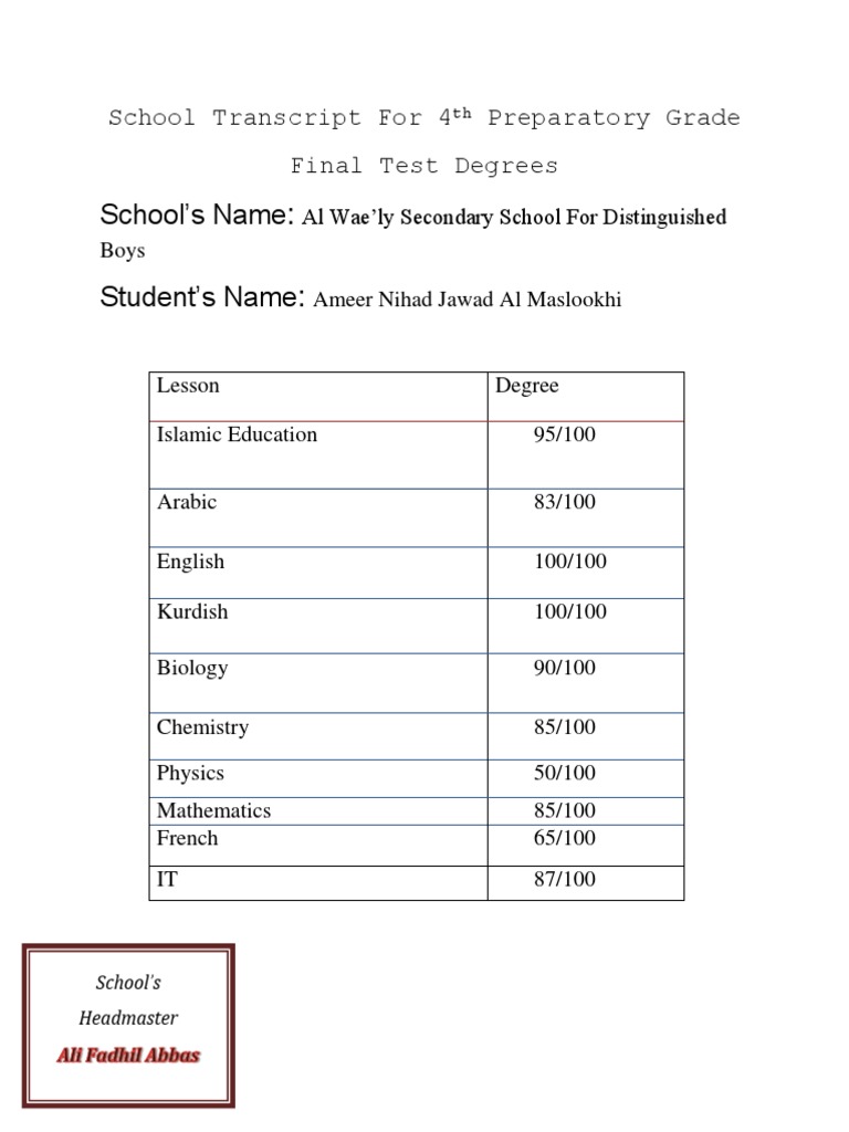 School Transcript For Current 4th Preparatory Grade | PDF