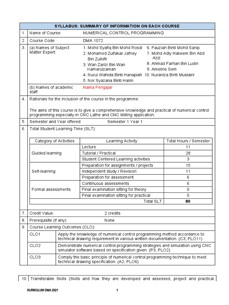 SYLLABUS FOR NUMERICAL CONTROL PROGRAMMING | PDF | Numerical Control ...