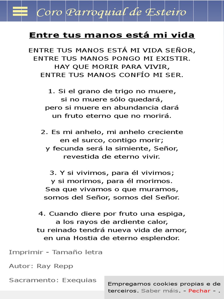 Letra de Entre Tus Manos Está Mi Vida. Coro Parro PDF