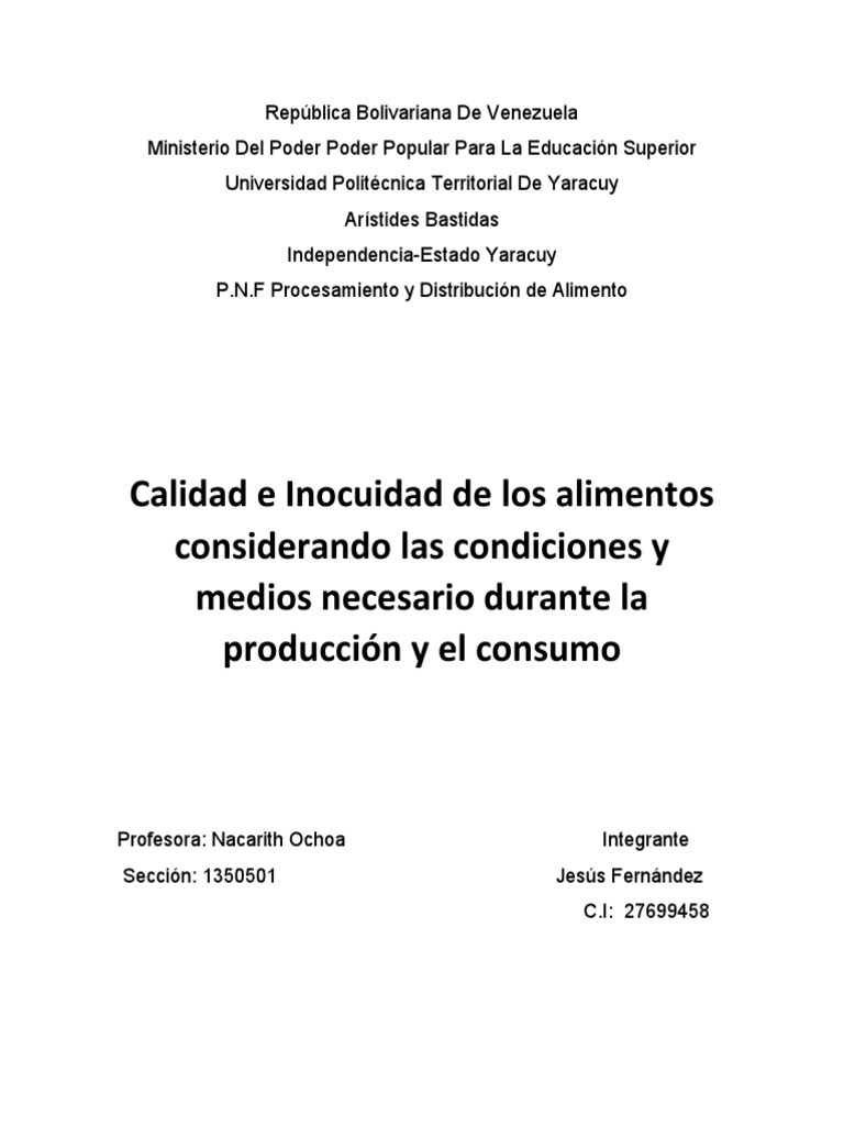 Calidad e Inocuidad de Los Alimentos Considerando Las Condiciones ...