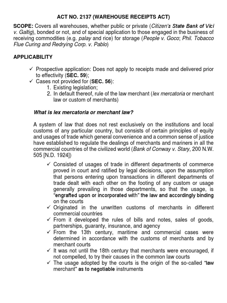 Warehouse Receipts Act PDF Negotiable Instrument Legal Liability