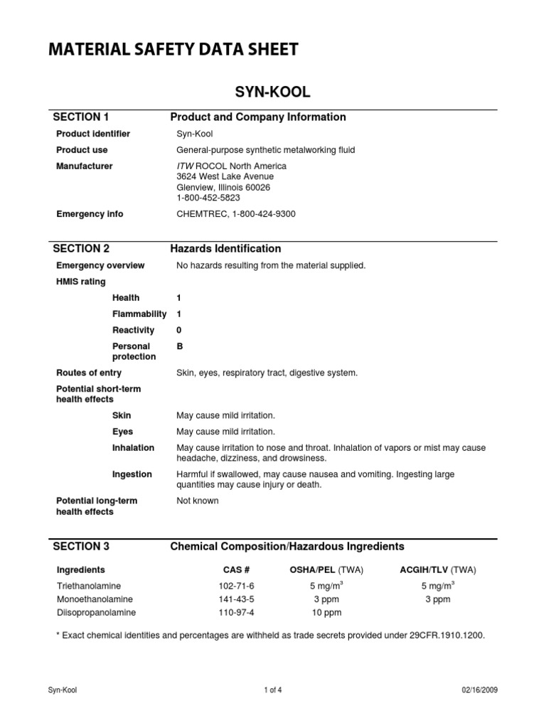 Material Safety Data Sheet: Syn-Kool | PDF | Carbon Dioxide | Firefighting