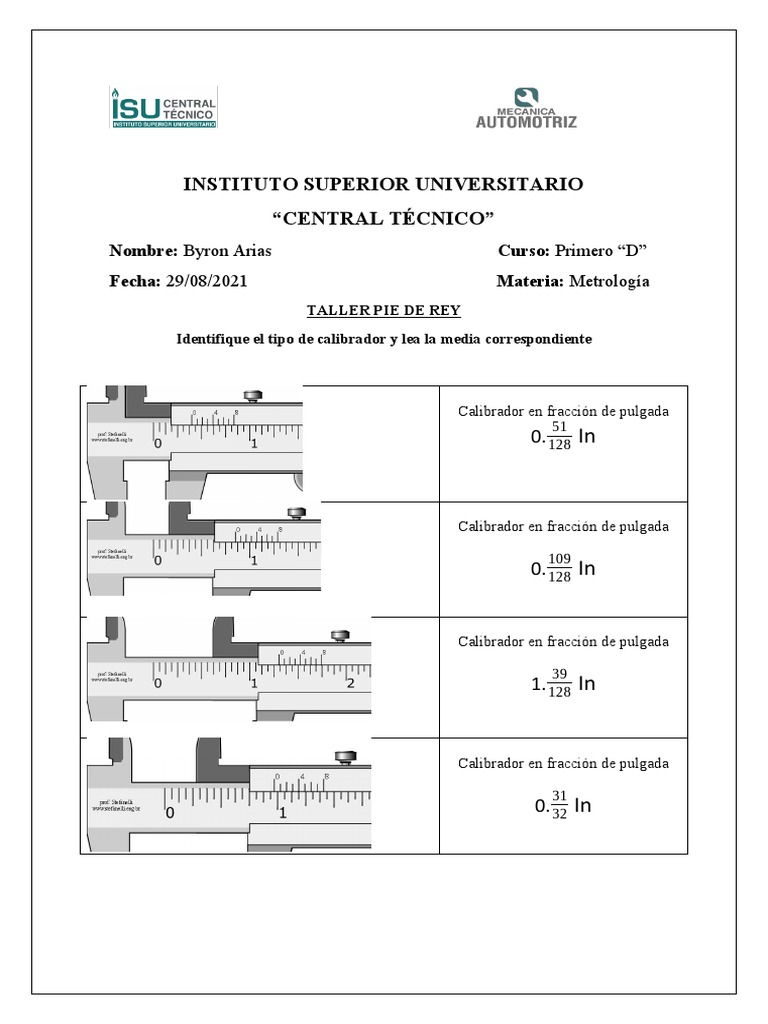 Taller Pie de Rey Fracciones de Pulgada | PDF
