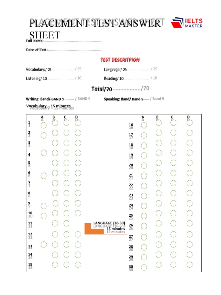 Placement Test Answer Sheet Template | PDF | International English ...