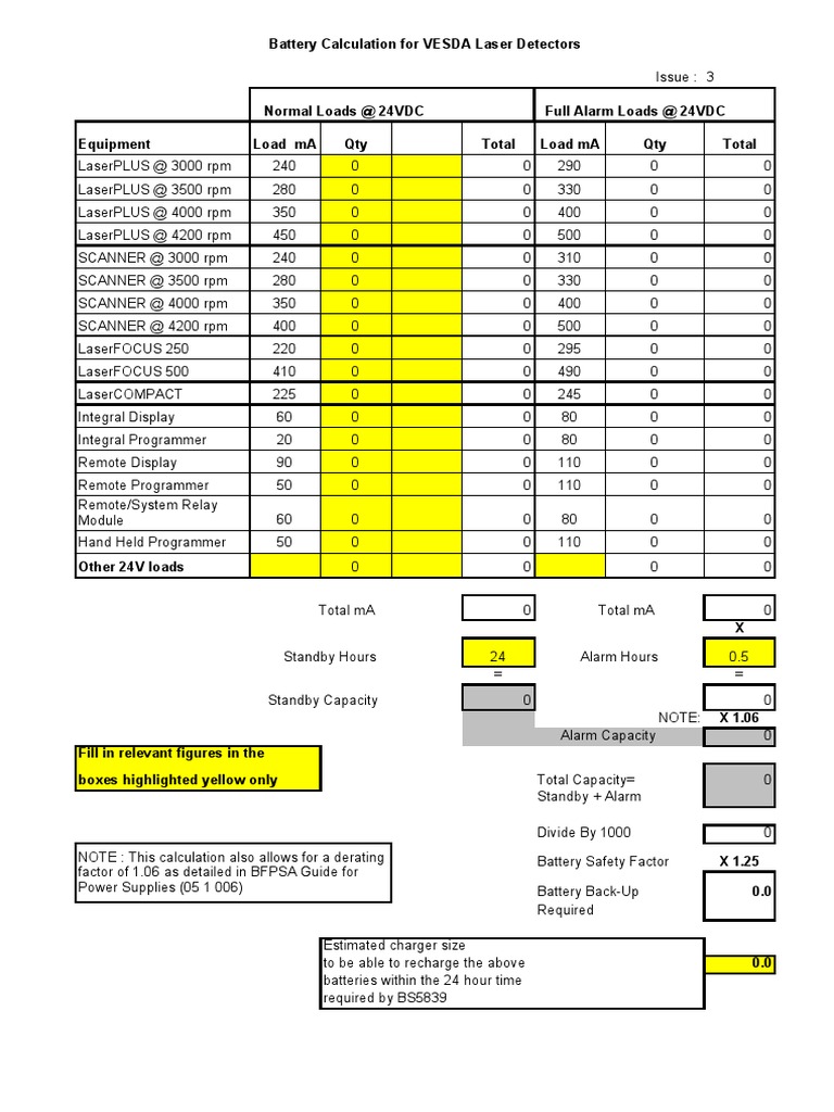 Battery Calculation For VESDA Laser Detectors (C) 2003 Vision Fire and