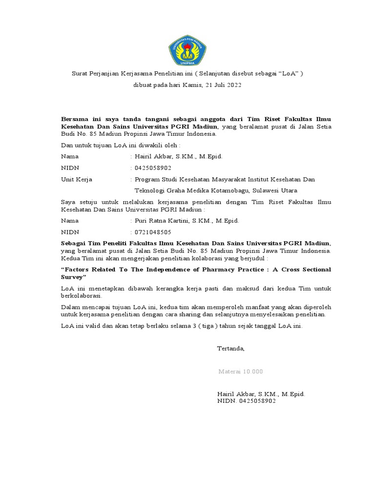 Draft LoA Kerjasama Penelitian 2022 | PDF