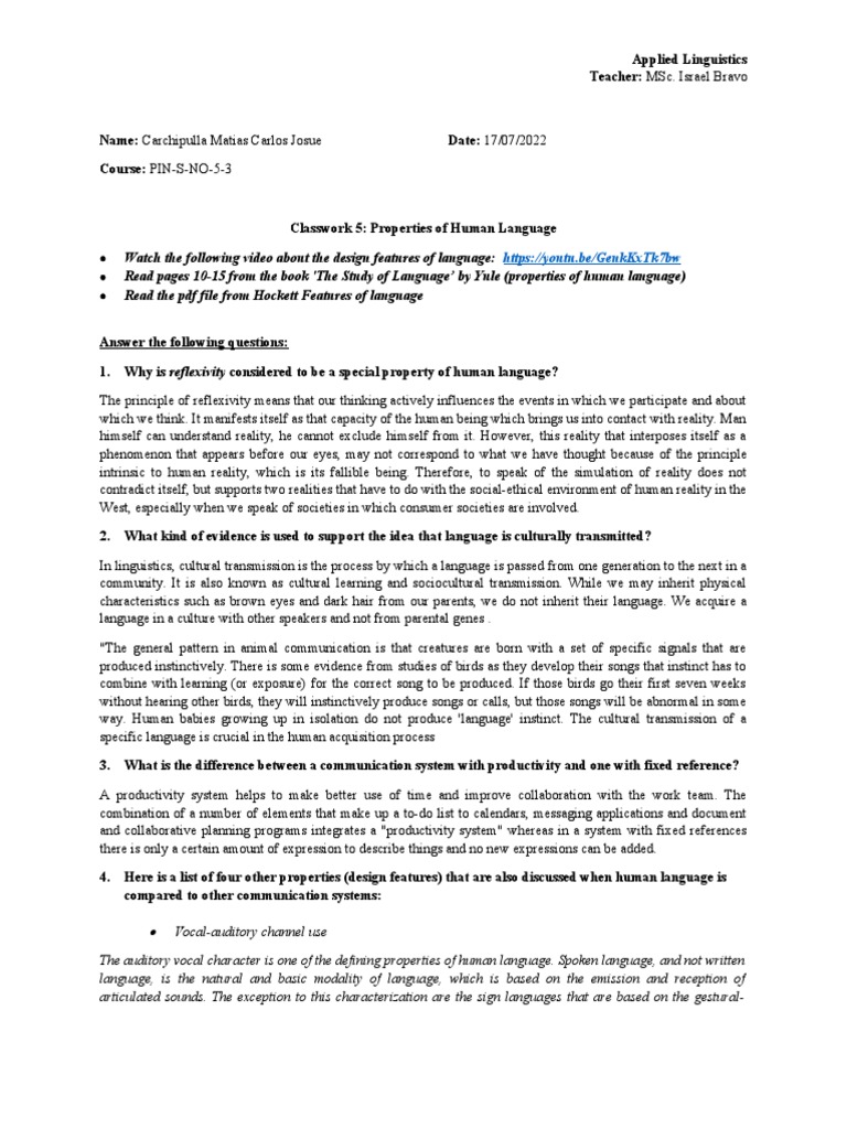 Classwork 5 Properties of Human Language | PDF | Communication | Cognition