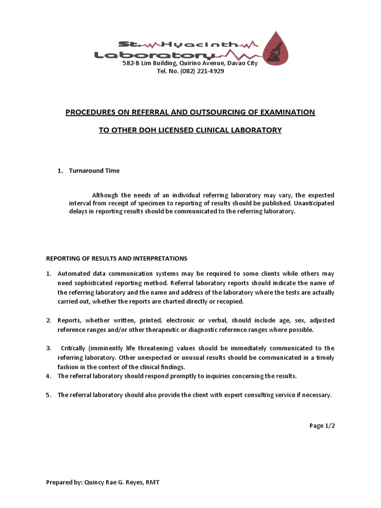 Referral and Outsourcing Procedures for Labs | PDF | Medical Laboratory ...