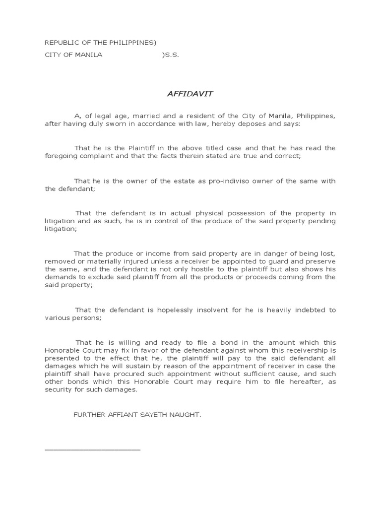 Affidavit in Petition For Receivership PDF