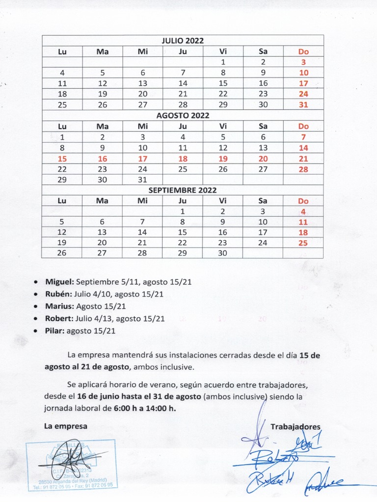 Calendario de Vacaciones 2022 PDF