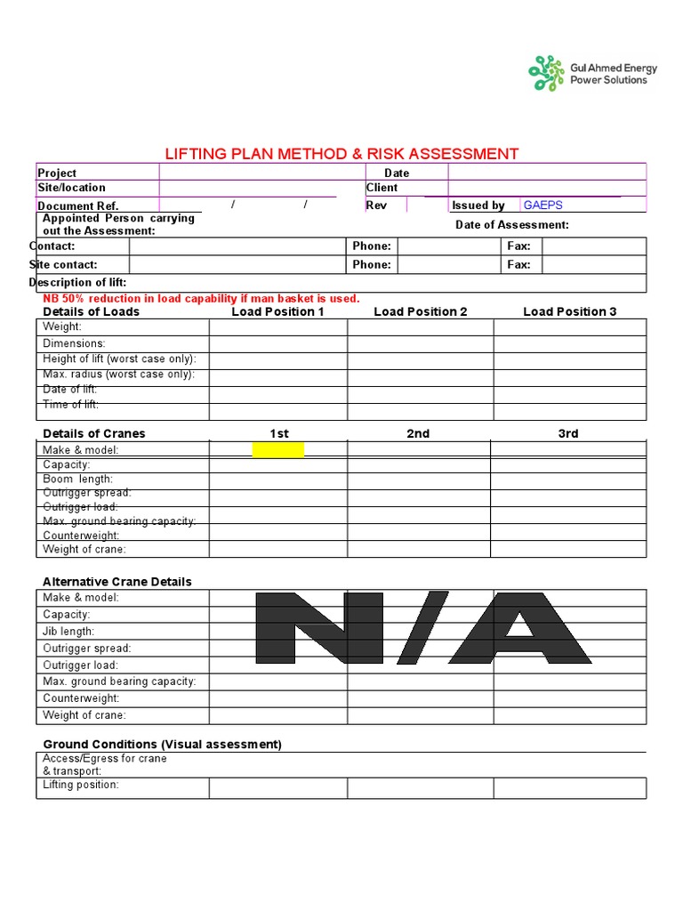 Crane Lifting Plan Method Statement and Risk Assessment PDF Crane