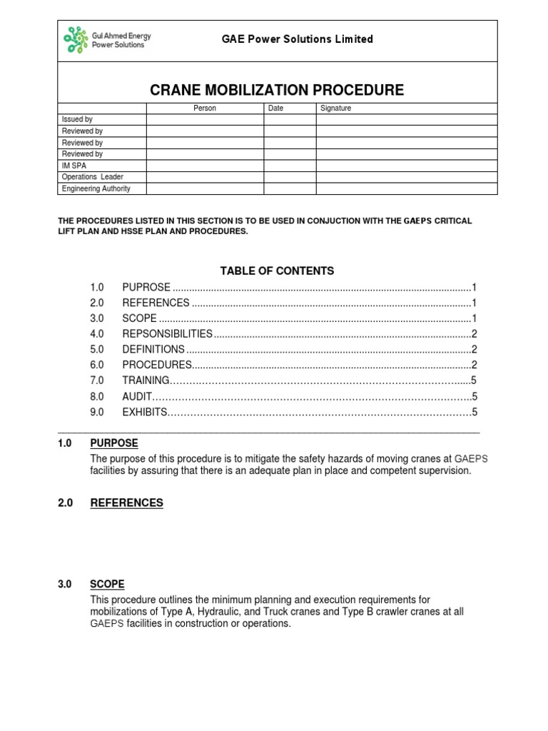 Crane Mobilization Procedure: GAE Power Solutions Limited | PDF | Crane ...