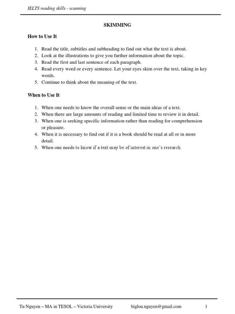 Skimming Techniques for IELTS Reading | PDF | Speed Reading