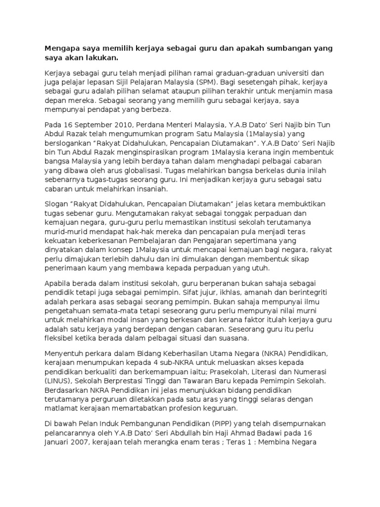 Mengapa Saya Memilih Kerjaya Sebagai Guru Dan Apakah Sumbangan Yang Saya Akan Lakukan Pdf