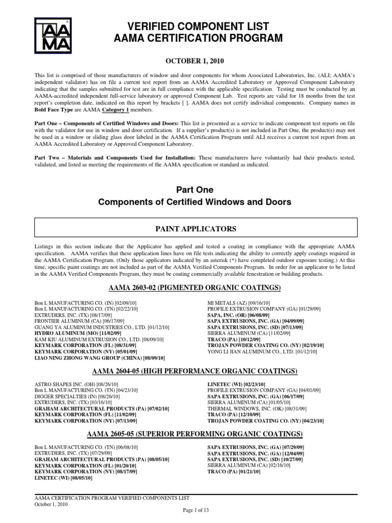 Aama Verified Components List 10110 Final PDF Specification