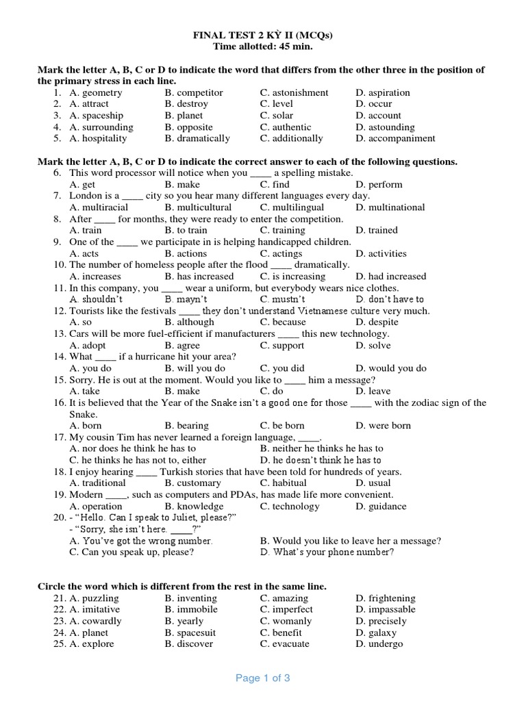 Final Test 2 Kỳ II: MCQs and Answers | PDF | Weather | English Language