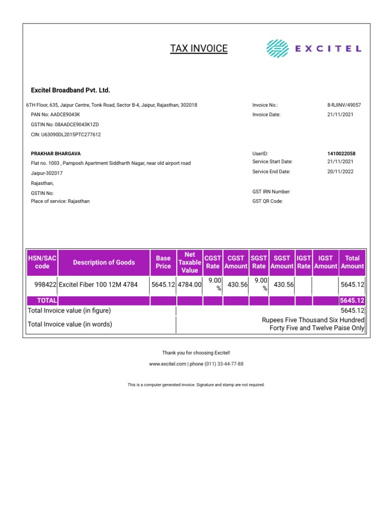 Excitel Broadband Tax Invoice Details | PDF | Economies | Sales
