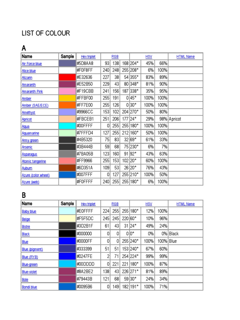 A Z Color List