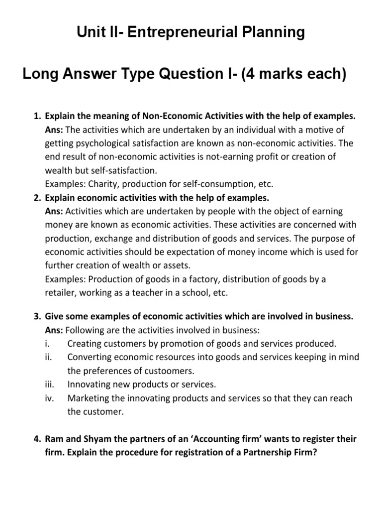 Unit IIEntrepreneurial Planning Long Answer Type Question I (4 Marks