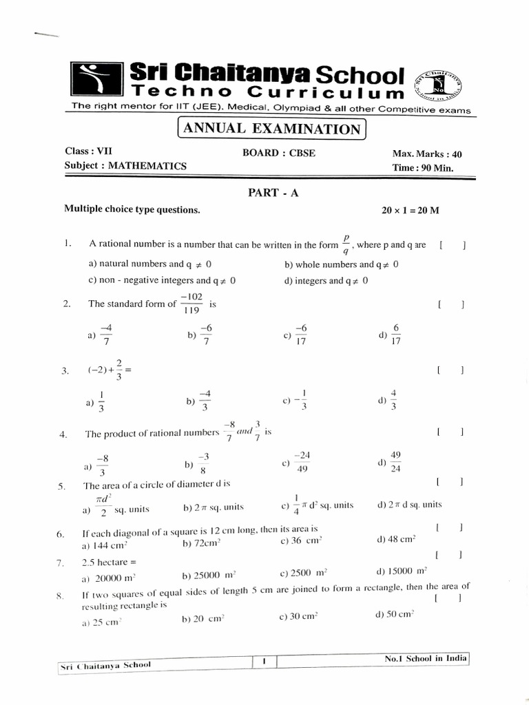 Sri Chaitanya School: Annual Examination | PDF | Area | Mathematical ...