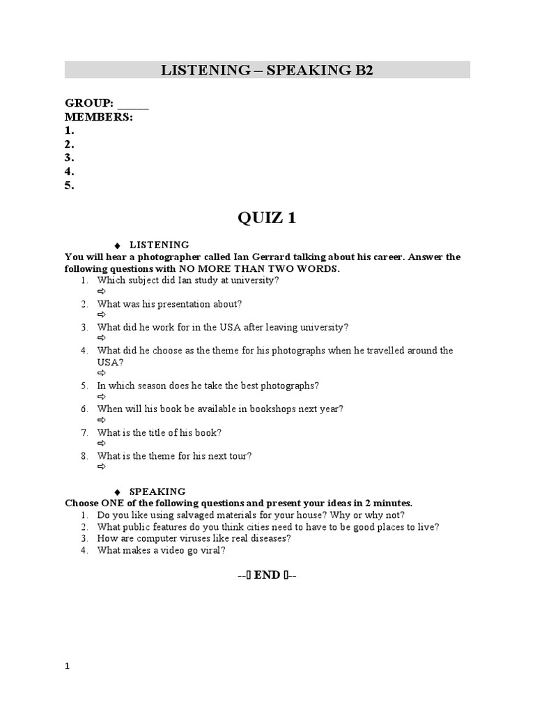 B2 Listening and Speaking Quiz Guide | PDF | Games & Activities ...