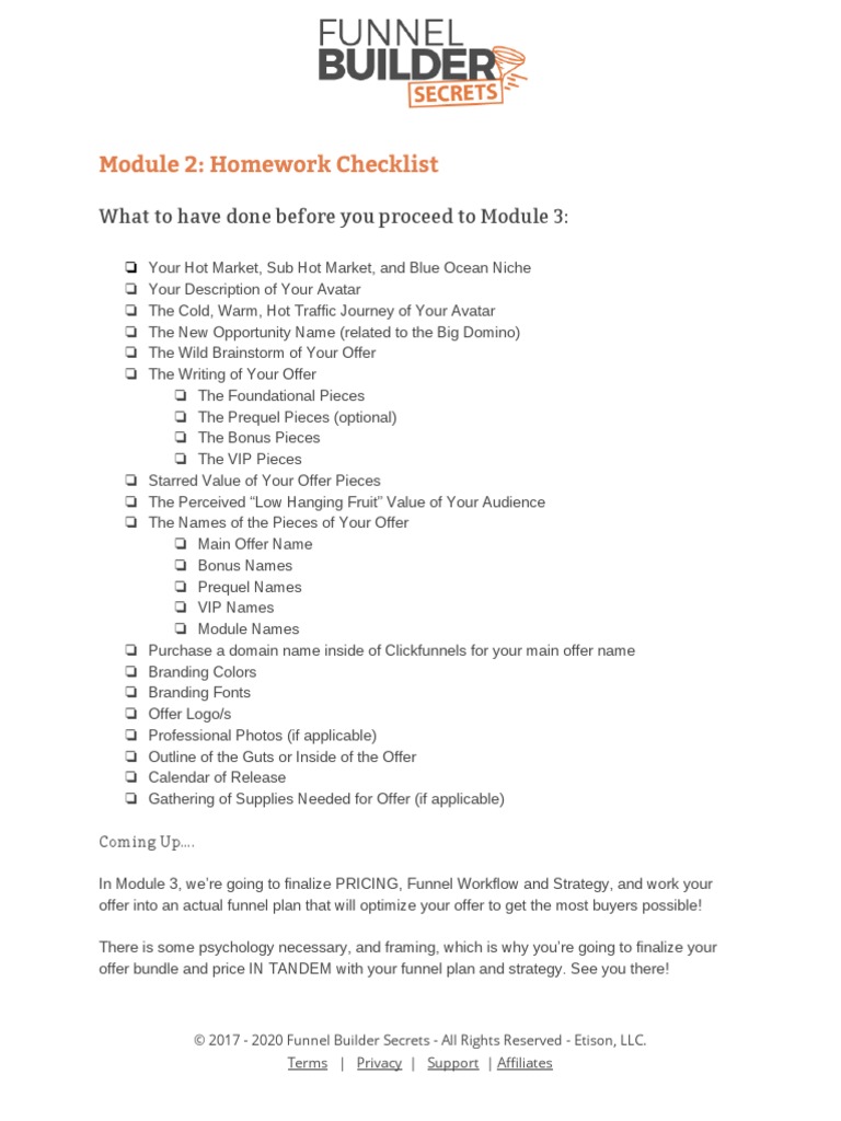 Funnel Builder Secrets Homework Checklist | PDF
