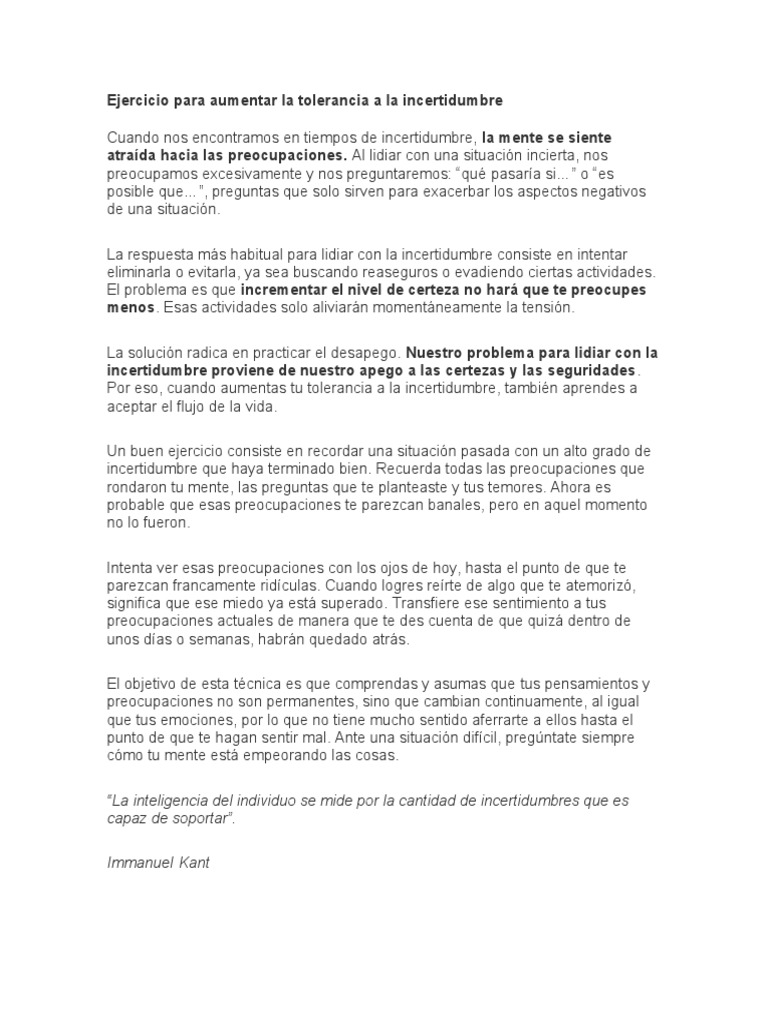 Ejercicio para la tolerancia a la incertidumbre | PDF | Relaciones ...