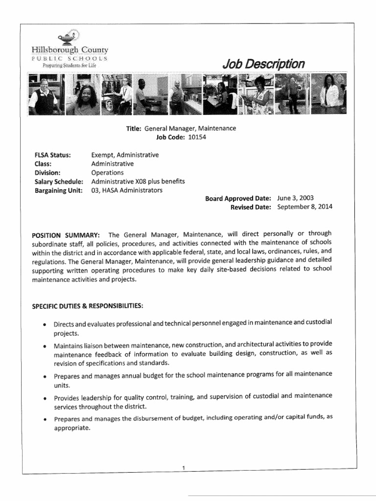 General Manager Maintenance Job Description PDF