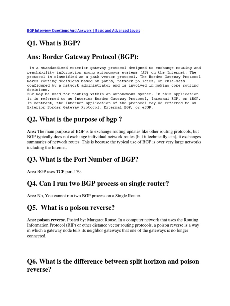 BGP Interview Questions and Answers Basic and Advanced Levels PDF