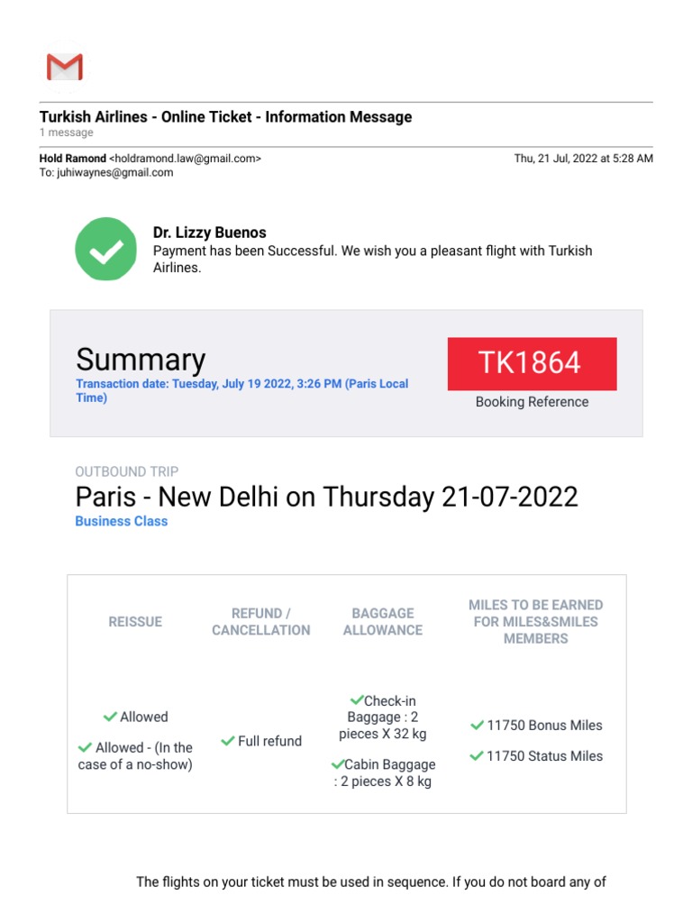 Gmail Turkish Airlines Online Ticket Information Message PDF