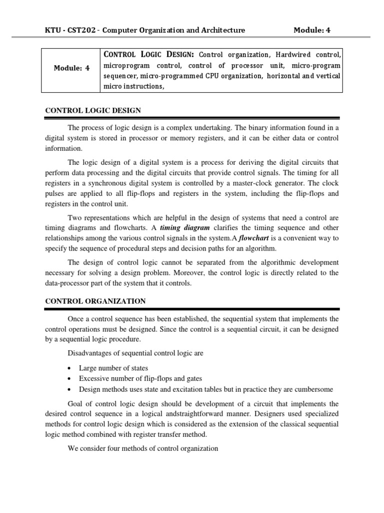 Control logic design methods hardwired control microprogram control
