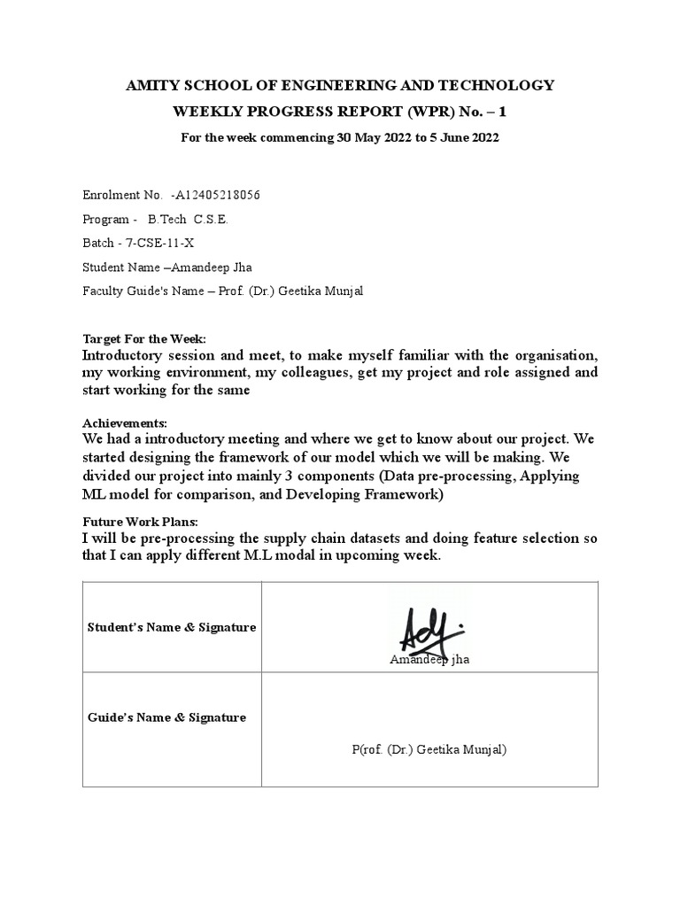 Amity School of Engineering and Technology Weekly Progress Report (WPR ...