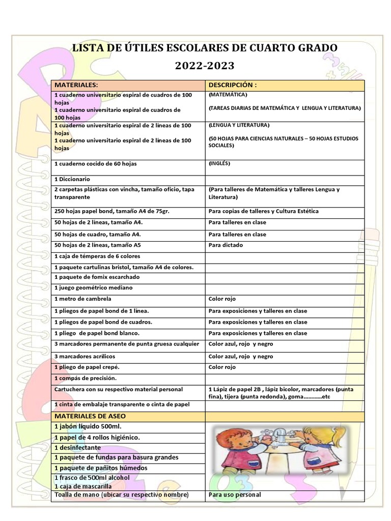 LISTA DE ÚTILES ESCOLARES CUARTO GRADO | PDF