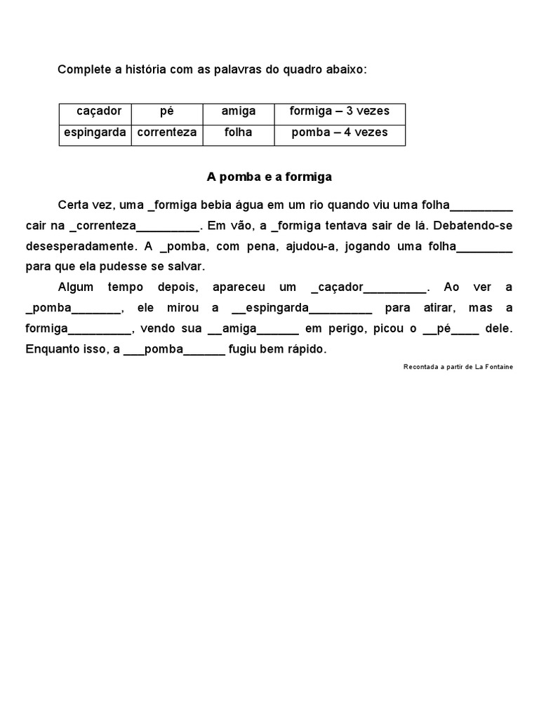 Complete a História Com as Palavras Do Quadro Abaixo | PDF