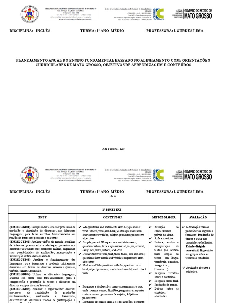 Planejamento Anual de Inglês 1º Ano | PDF | Comunicação | Linguística