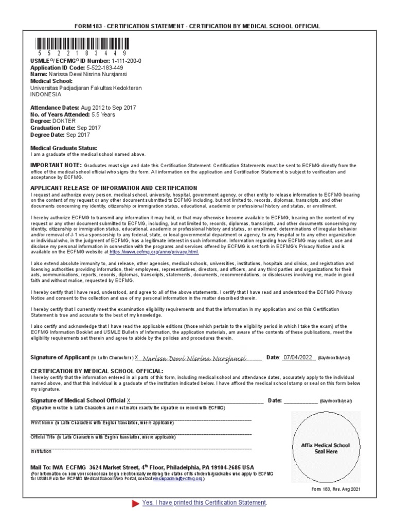 ECFMG Form 183 Certification Statement | PDF | Medical School | Privacy