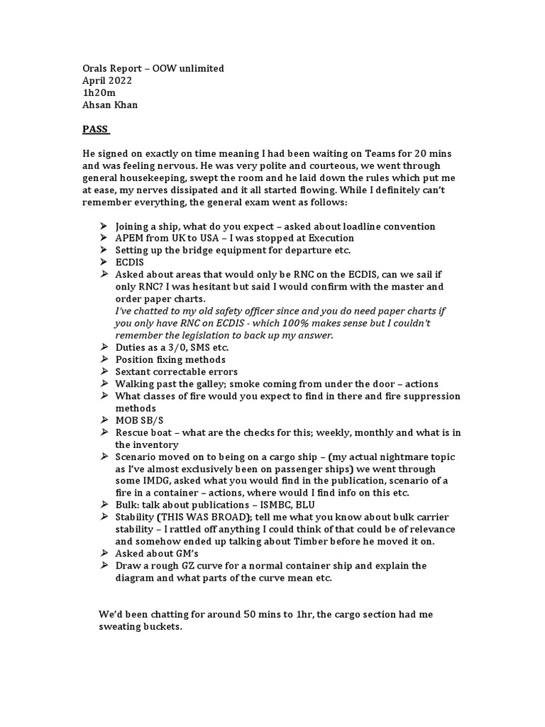 OOW Unlimited Oral Exam Insights | PDF | Transport | Ships