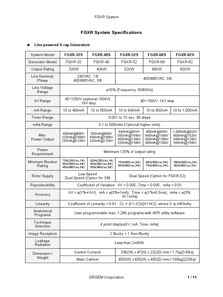FGXR X-Ray System Specifications | PDF | Medical Device | Electrical ...