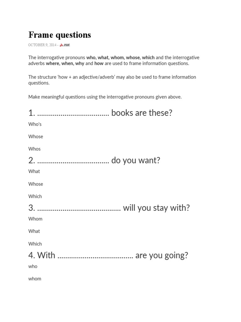 Frame Questions PDF Verb Question