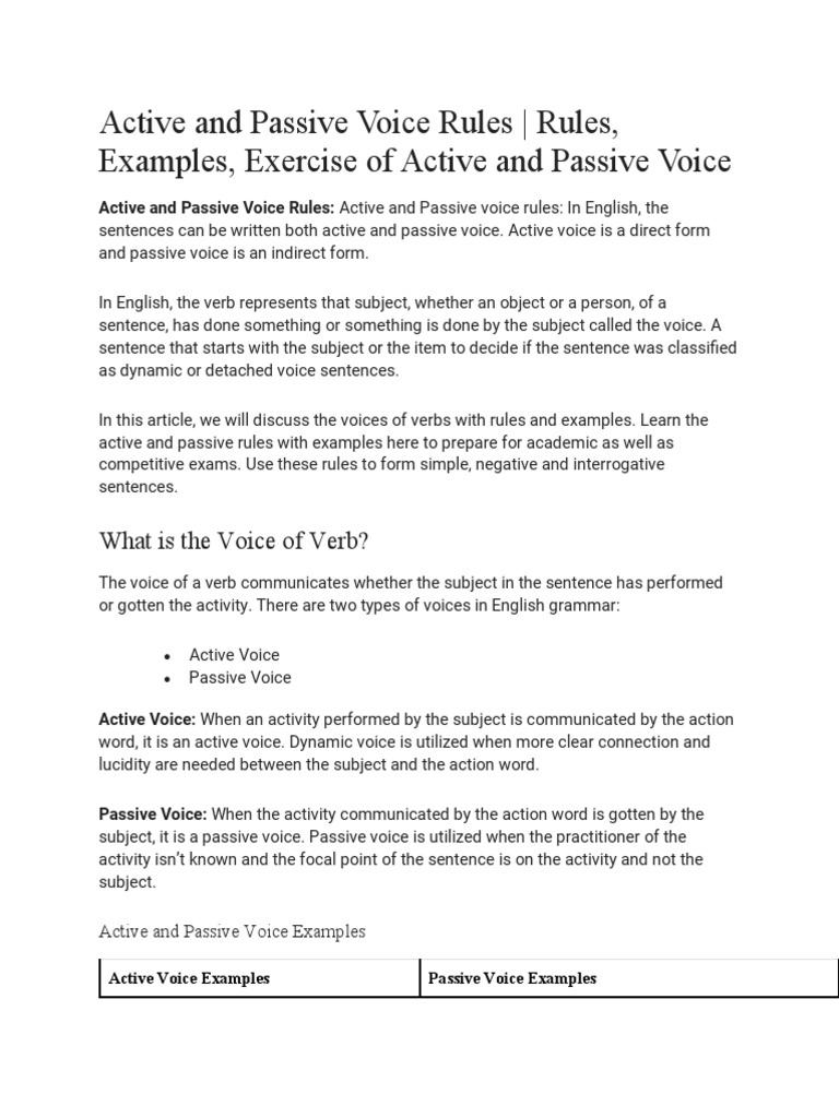 Active and Passive Voice Rules Guide | PDF | Grammatical Tense | Verb