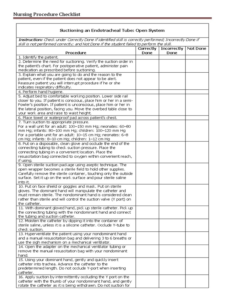 Nursing Procedure Checklist Suctioning An Endotracheal Tube Open