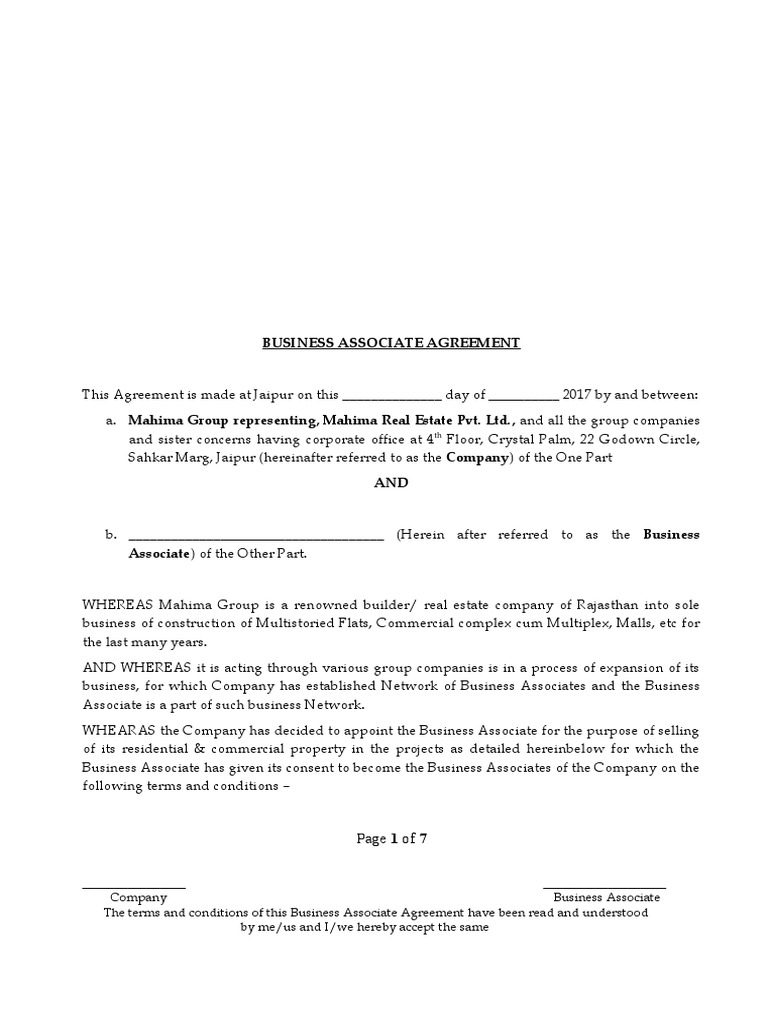 Business Associate Agreement for Real Estate | PDF | Business | Sales