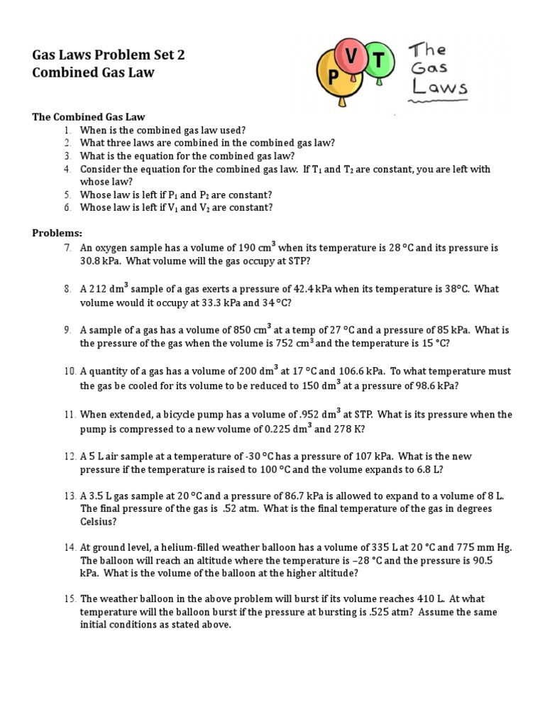 Gas Laws Problem Set 2 Combined Gas Law PDF